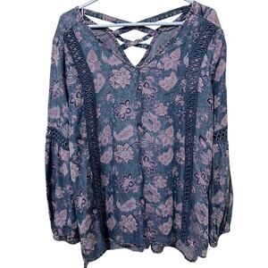 Standard Grace Women’s Blouse Sz Medium‎ Blue/ Pink Lace Cotton